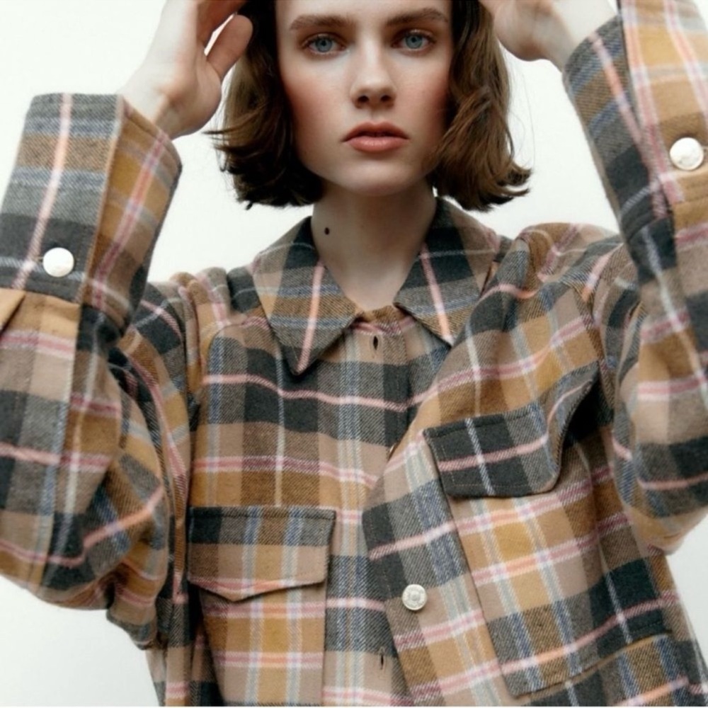 Zara Oversized Plaid Shacket Overshirt Flannel Jacket Tan Pink Navy - Picture 2 of 8